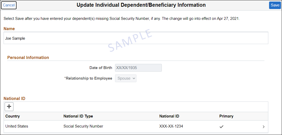 Dependent/Beneficiary Info. Page Screenshot