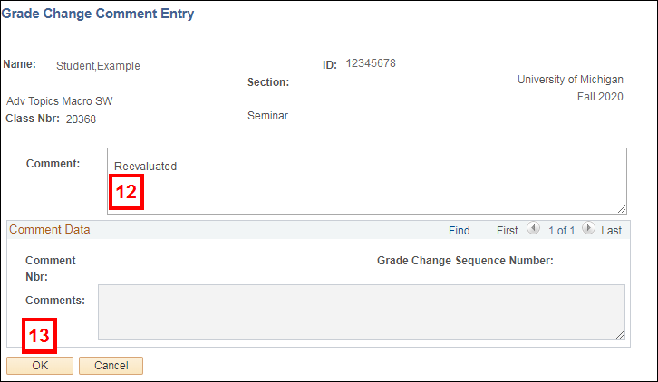 Grade Change Comments Entry Page