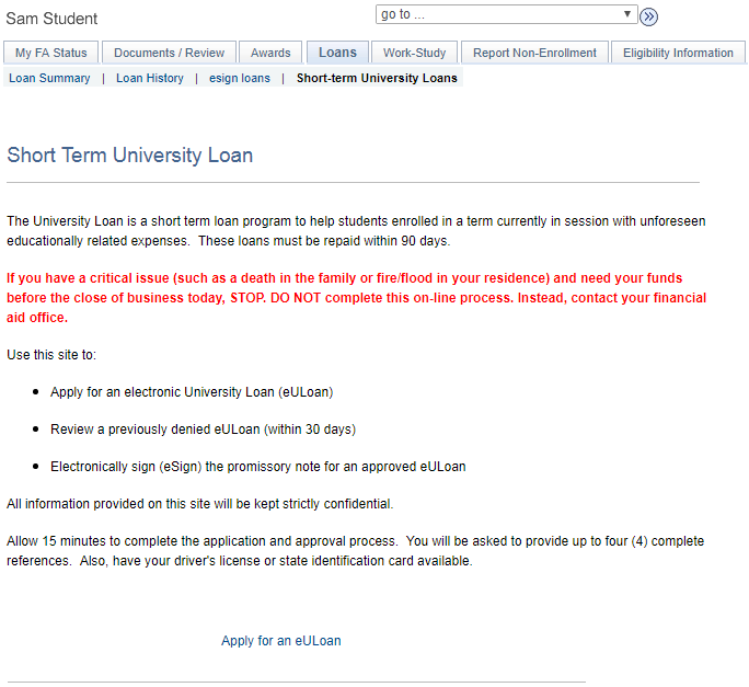 Example of Short University Loan page
