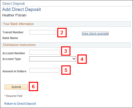 Add Direct Deposit page.