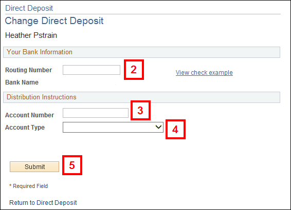 Change Direct Deposit screen.