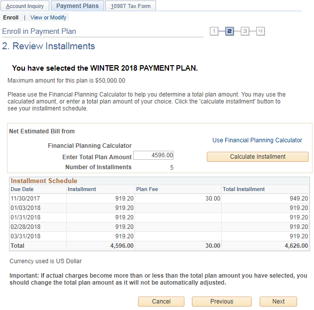 Sample of Payment Plan - Review Installments page