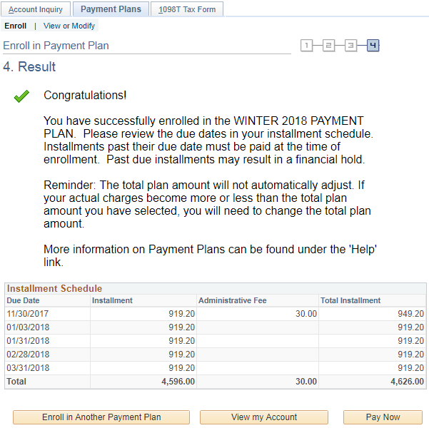 Sample of Payment Plan Result page