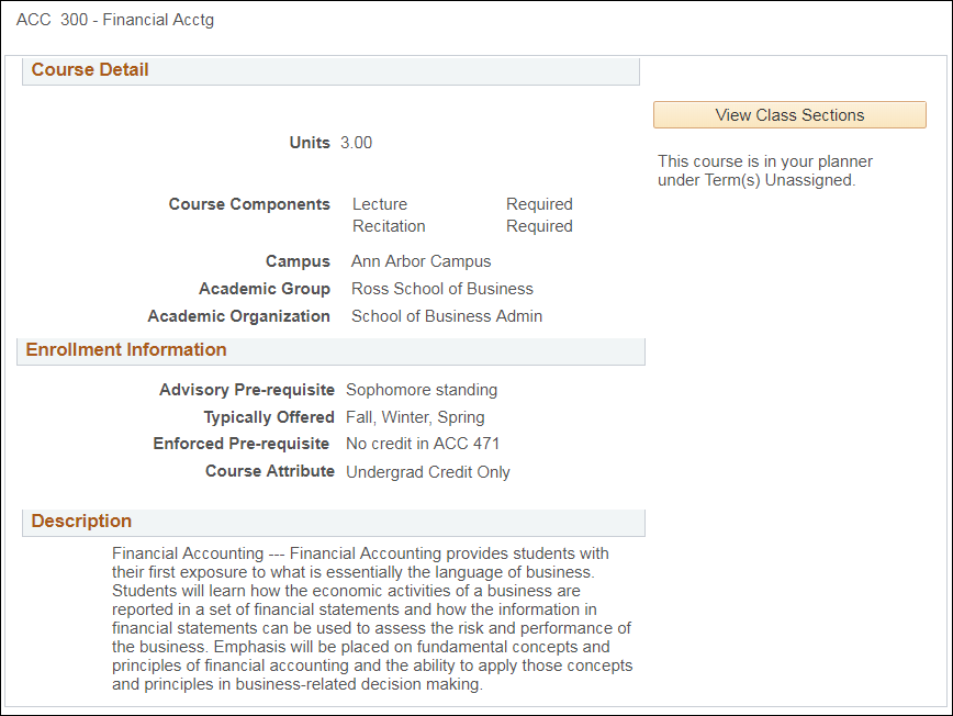 Screenshot of a course details page