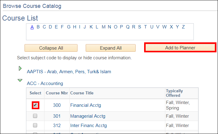 Screenshot of Browser Course Catalog page with course checked and add to planner button highlighted